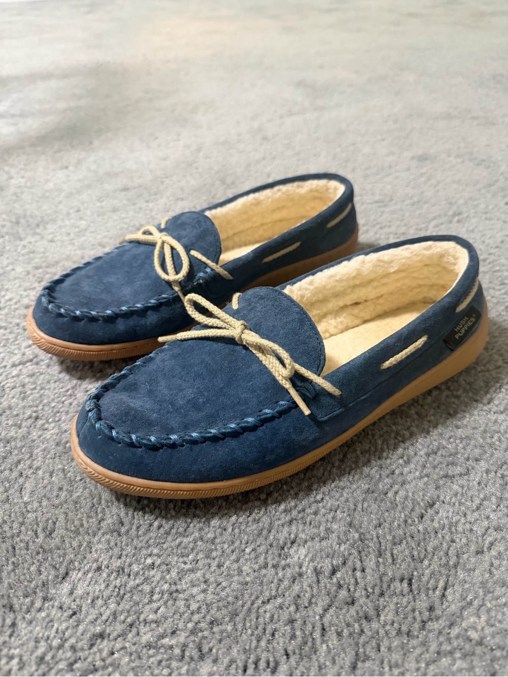 Hush Puppies Womens Navy Suede Moccasin Slippers with Tan Trim
